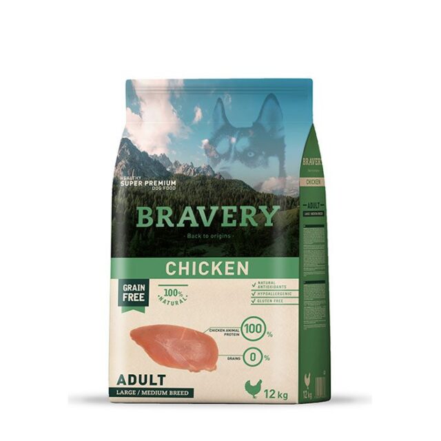 bravery large/medium sans cereales chien adulte au poulet 12 kg