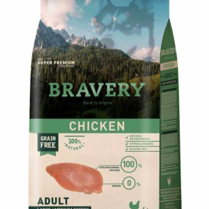 bravery large/medium sans cereales chien adulte au poulet 4kg