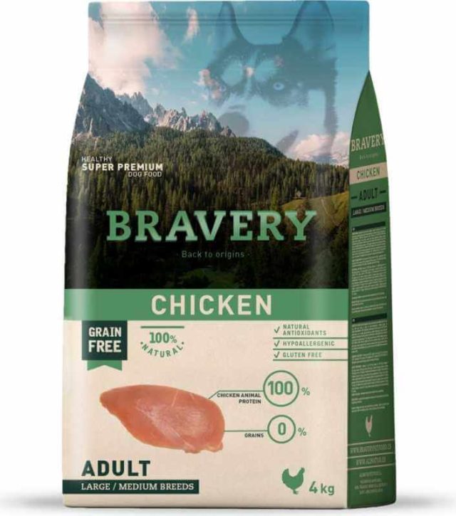 bravery large/medium sans cereales chien adulte au poulet 4kg