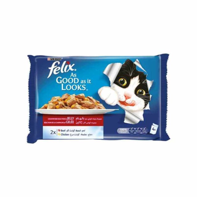 FELIX TENDRES EFFILES EN GELEE BŒUF ET POULET POUR CHAT 4x85 GR